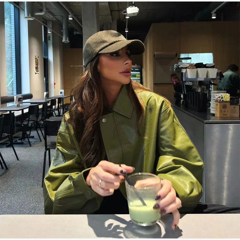 Women's Green Faux Leather Jacket – Loose Fit Lapel