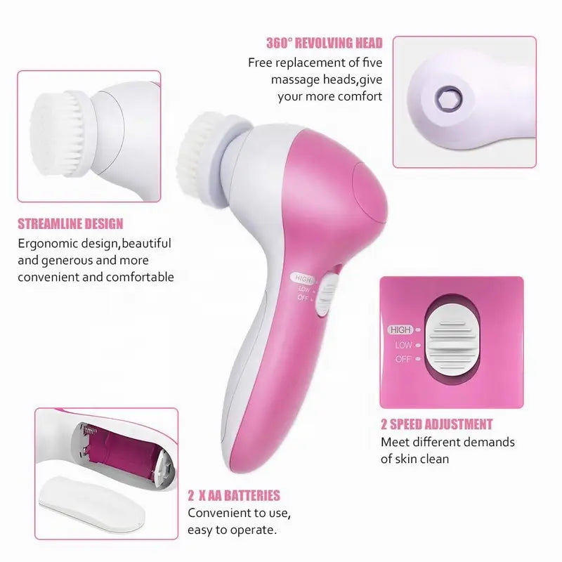 5-in-1 Electric Facial Cleansing Brush — Blackhead Removal, Spa Massage, Skin Care Tool