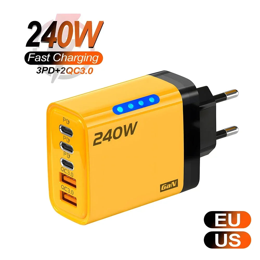 Charge 5 Devices at Once. — 5-Port USB-C PD GaN Charger | 240W Max, Quick Charge 3.0, iPhone 16/15, Samsung, Xiaomi, Huawei, US & EU Plug