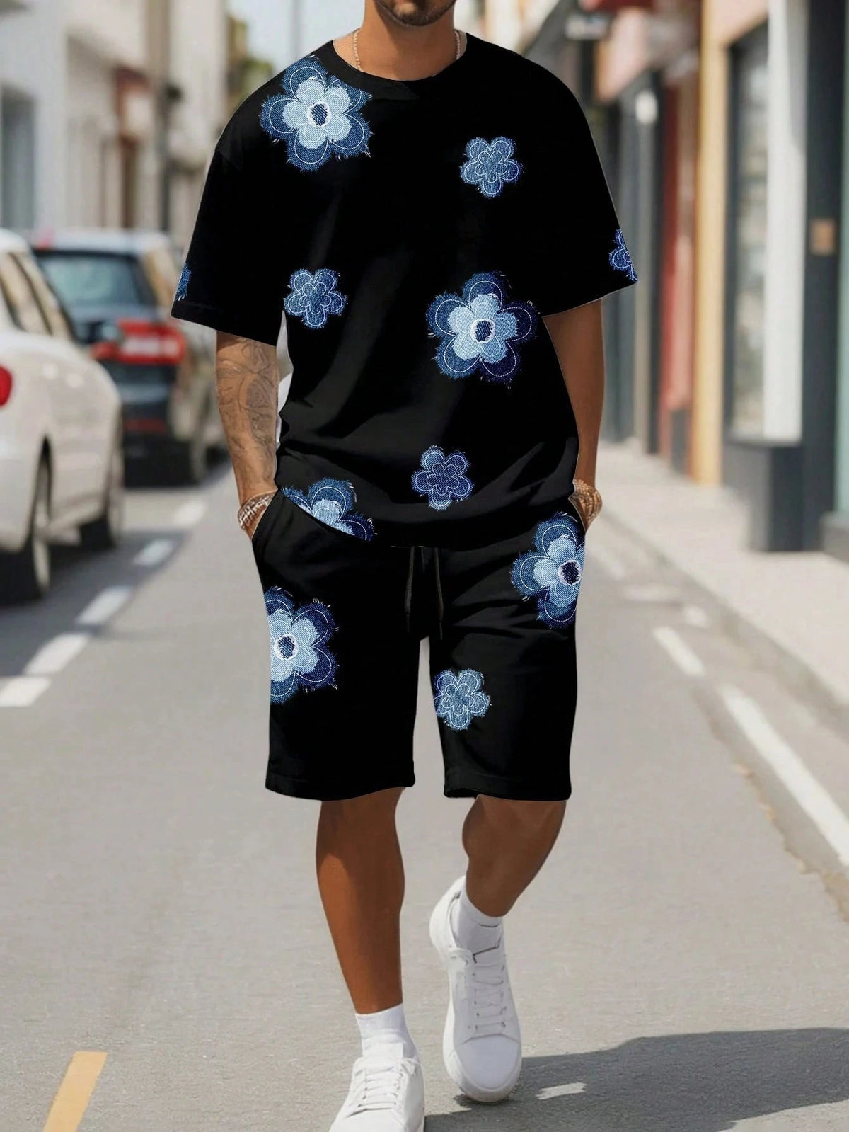 Men's Flower Graphic Print T-Shirt & Elastic Waist Shorts Casual Two-Piece Set