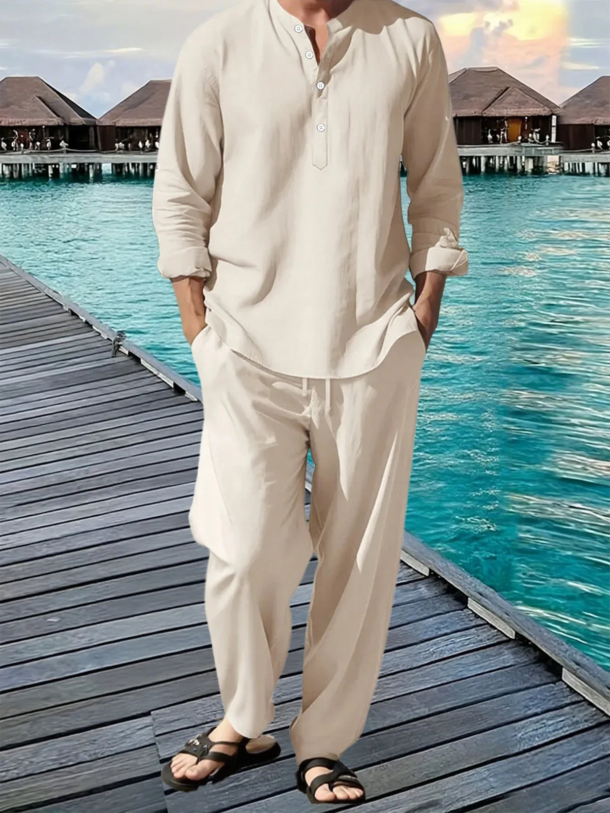 Men's Hawaiian Beach Shirt & Loose Jogger Pants Set – Breathable Vacation Casual Long Sleeve Suit