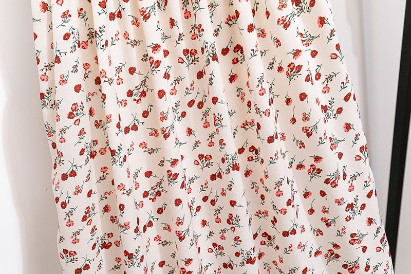 Women's Chiffon Floral Pleated Midi Dress – Short Sleeve Elastic Waist Backless Casual Dress