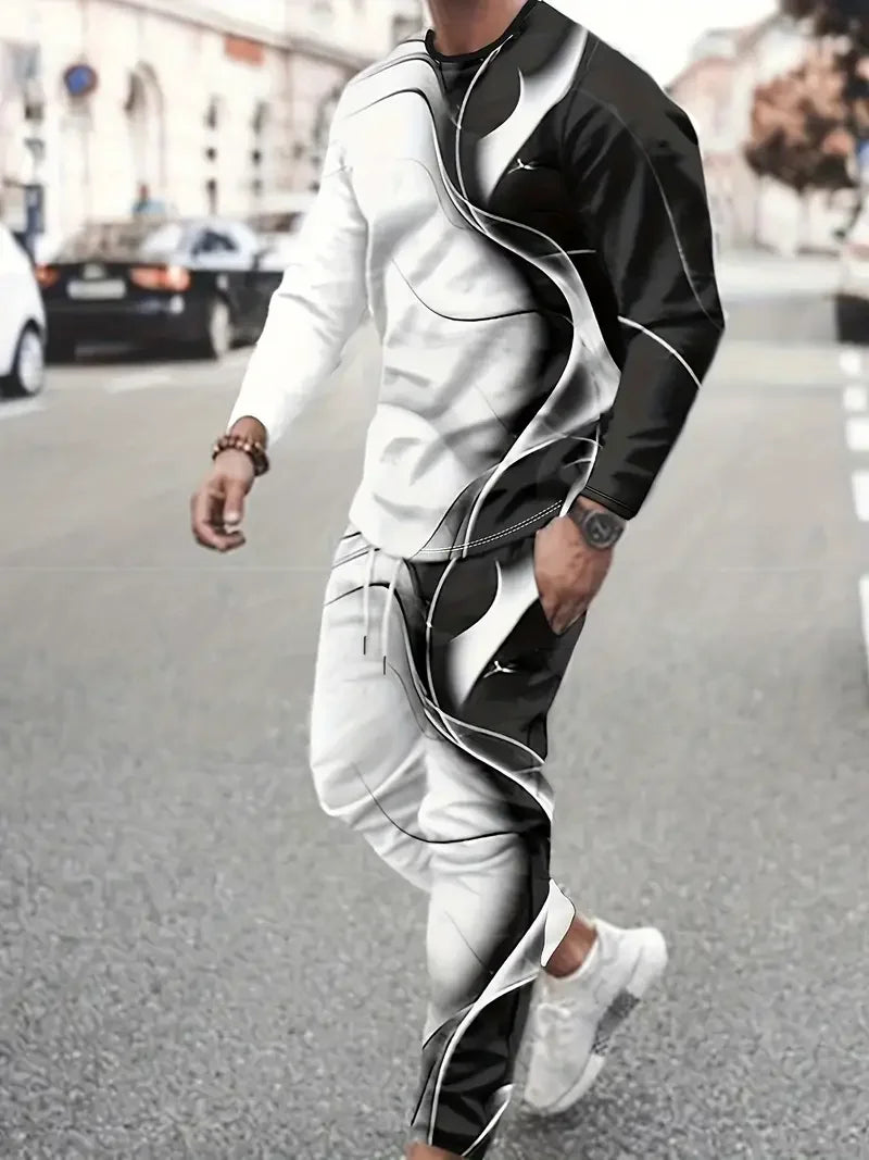 Men's 3D Print Long Sleeve T-Shirt & Jogger Pants Street Tracksuit