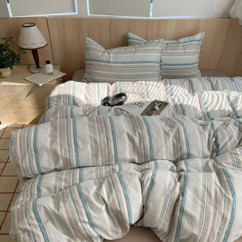 100% Cotton Stripe Bedding Set – Duvet Cover with Pillowcases, Twin to King