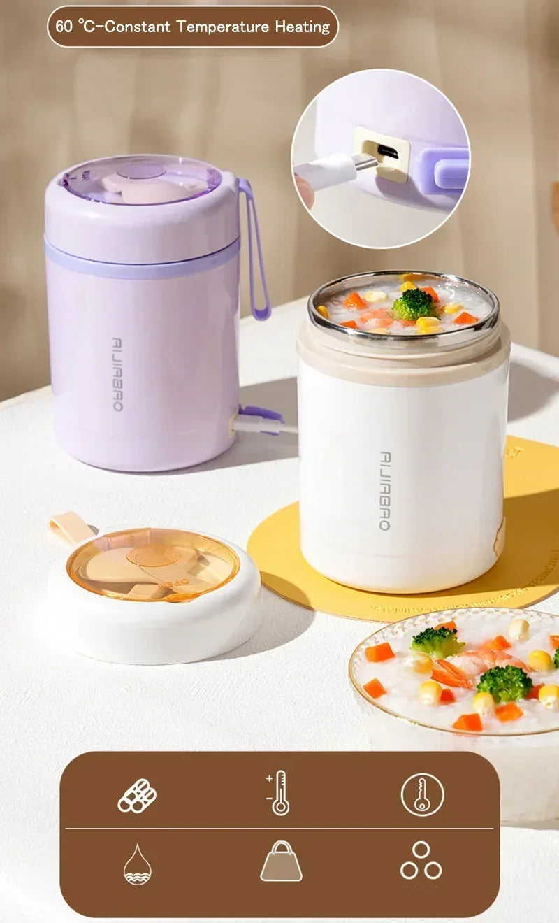 600ml USB Electric Heated Lunch Box – Stainless Steel Food Warmer with Constant Temperature Insulation, 5V/12V/24V