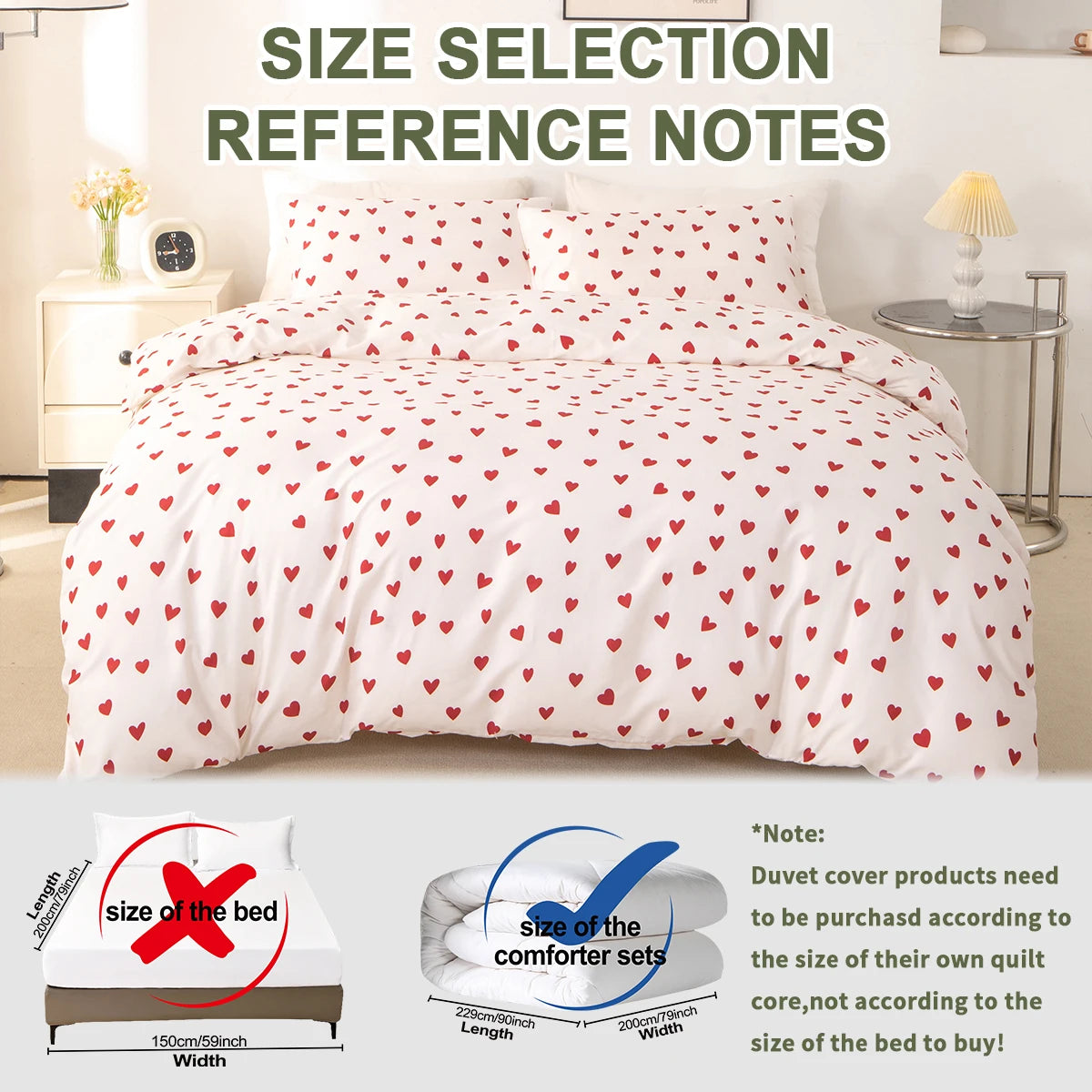Red Heart Print Duvet Cover Set – 3-Piece Soft Skin-Friendly Bedding with Pillowcases, Twin to King