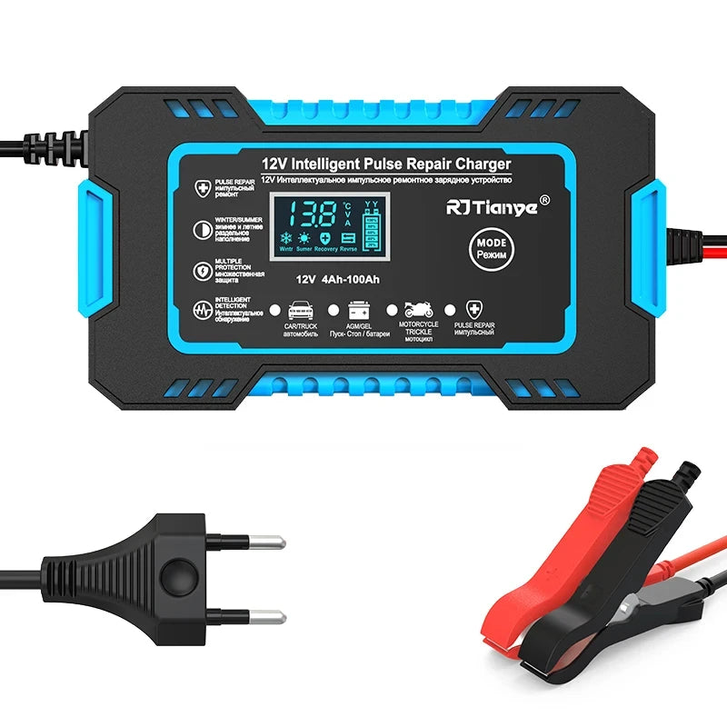12V 6A Smart Car Battery Charger — LCD Touch Screen Pulse Repair for AGM, GEL & Lead Acid Batteries