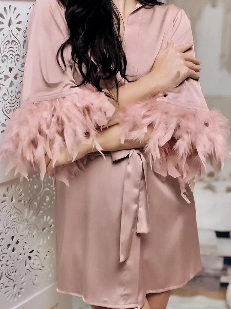 White Feather & Fur Trim Satin Robe | Bridal Nightgown Bathrobe for Women