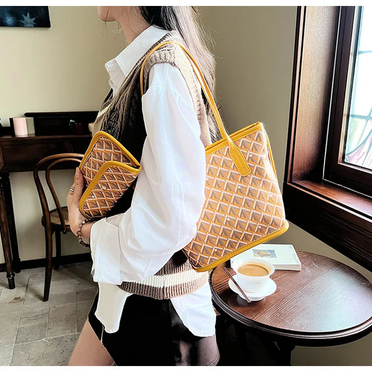 Embroidered Geometric PU Tote Shoulder Bag – Versatile Large Capacity Shopping Class Bag for Women