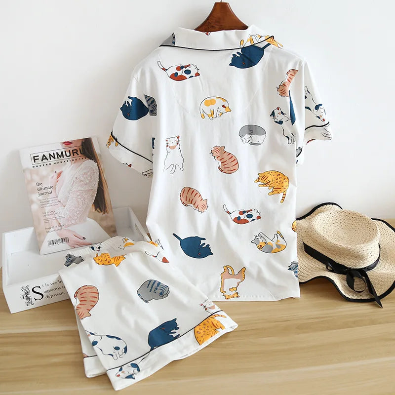 Women's Japanese Style 100% Cotton Cartoon Pajama Set | Short Sleeve & Shorts Sleepwear