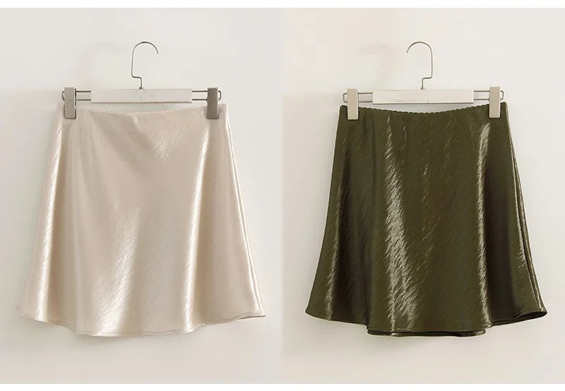 Women's Satin Mini Skirt – High Waist A-Line Luxury Office Wear in Black, Brown & Beige