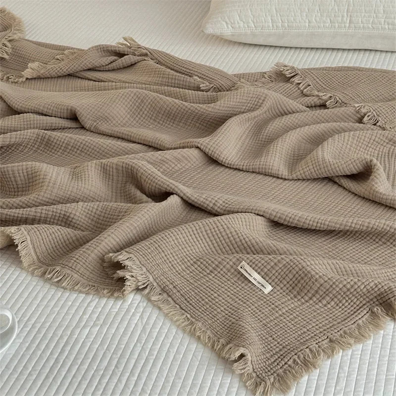 100% Cotton Tassel Blanket – Skin-Friendly Plaid Sofa Throw & Bed Shawl, Solid Color