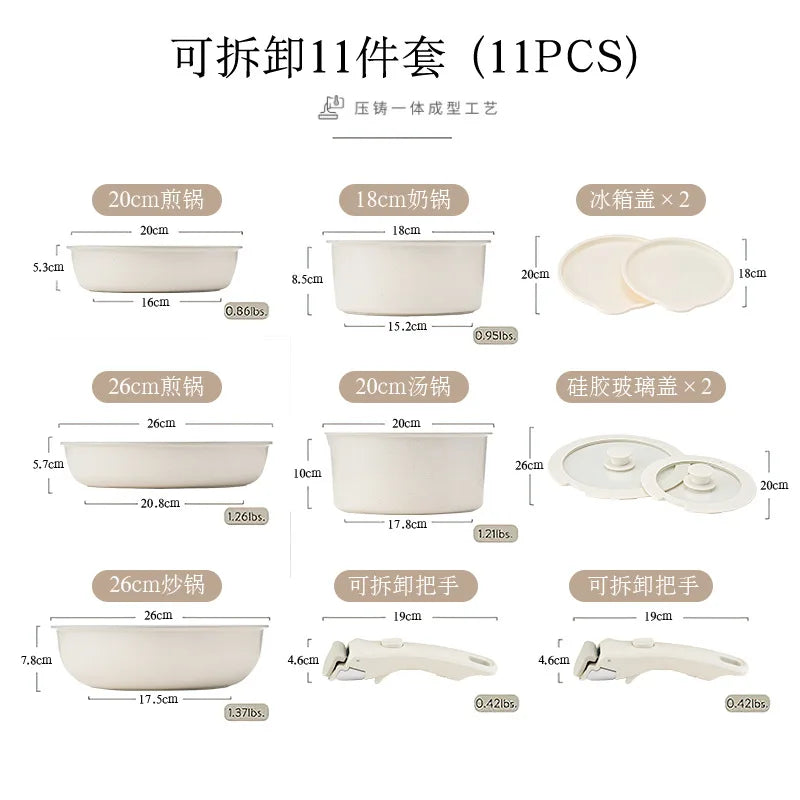 Nonstick Cookware Set – White, Detachable Handle
