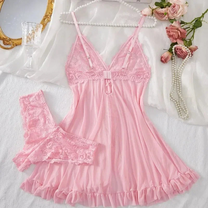 Lace Bra & Slip Nightdress Set — Wire-Free Sexy Sleepwear