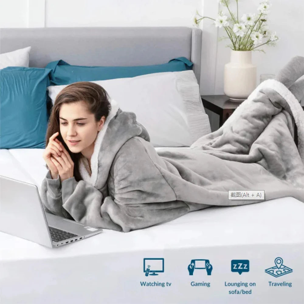 Super Long Flannel Blanket Hoodie – 180cm Oversized Fleece Sweatshirt with Sleeves for Women & Men