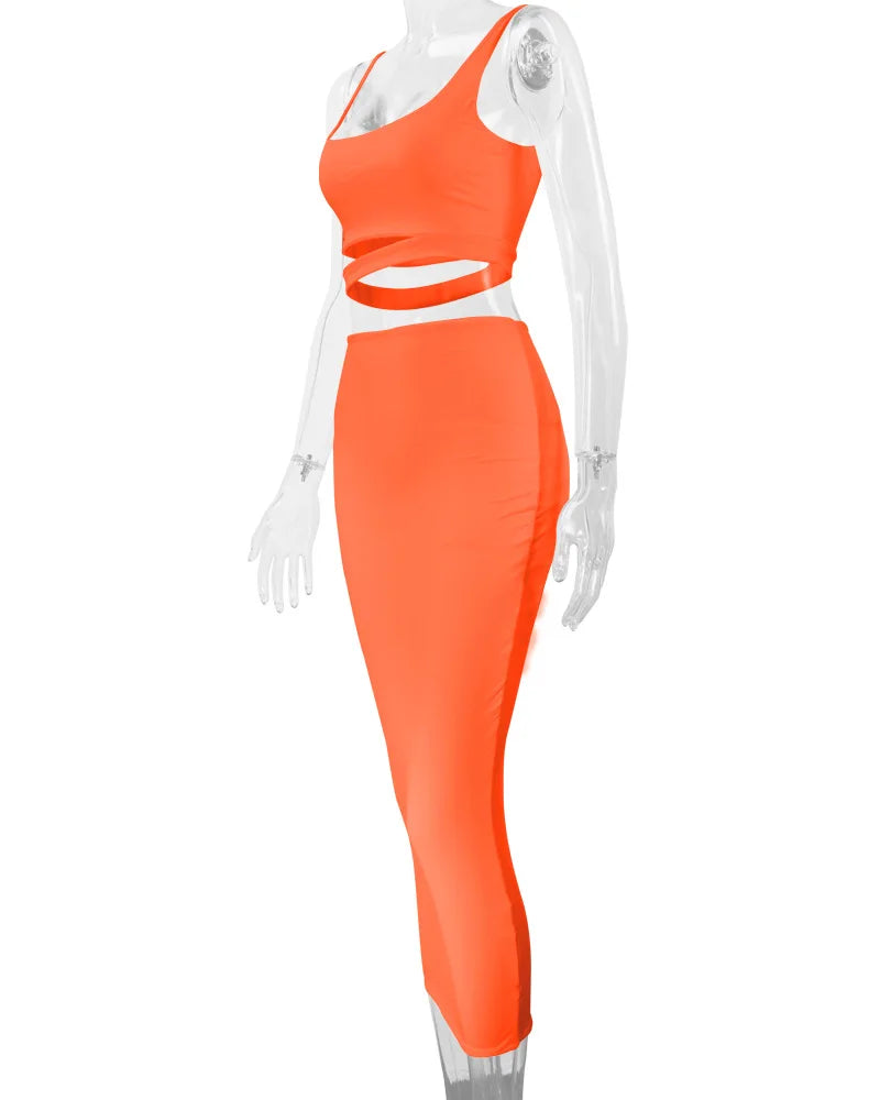 Sexy Pleated Hollow-Out Two-Piece Dress — Elegant Long Night Party Dress