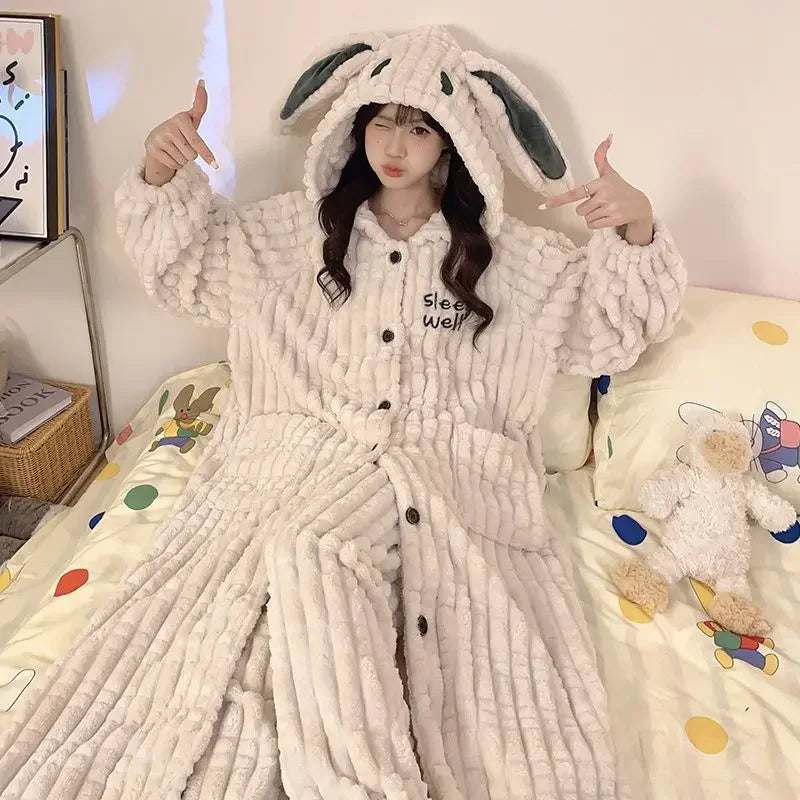 Women's Kawaii Coral Velvet Hooded Pajamas | Thickened Flannel Casual Homewear Suit