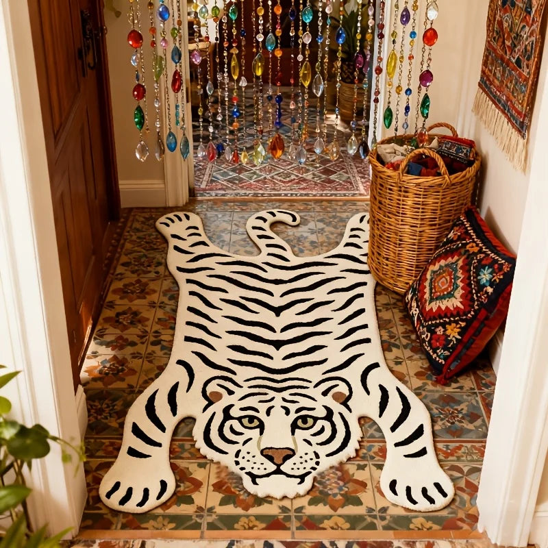 White Tiger Patterned Rug – Non-Slip Bedroom & Bathroom Mat