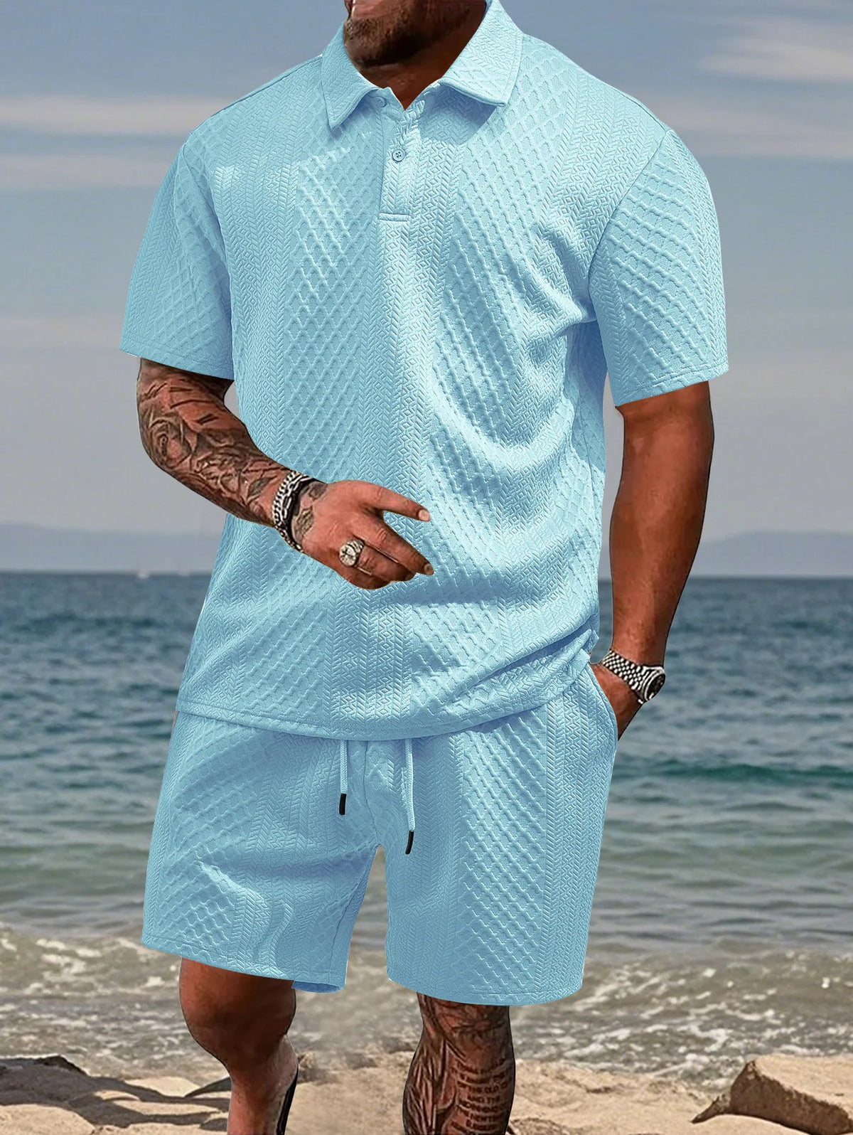 Men's Jacquard Polo Shirt & Drawstring Shorts Casual Summer 2-Piece Set