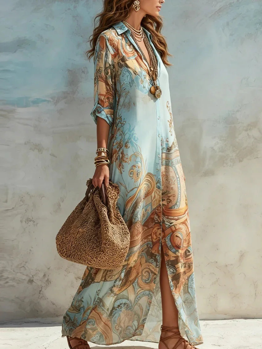 Chiffon Digital Print Shirt Dress — Turndown Collar Boho Flowy Casual Dress