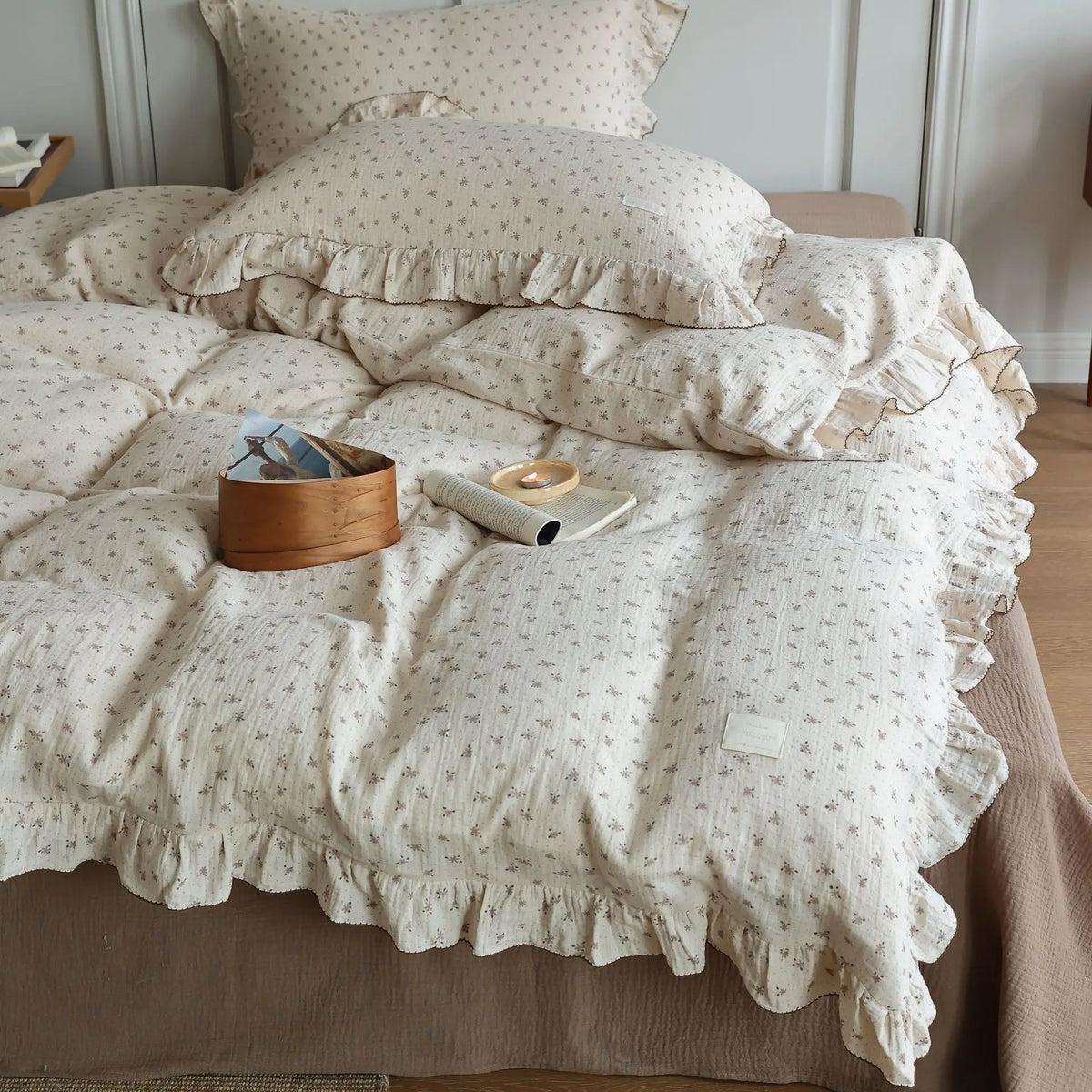 Princess Ruffle Bedding Set – 100% Cotton Gauze Duvet Cover with Pillowcases, Floral, 3-Piece