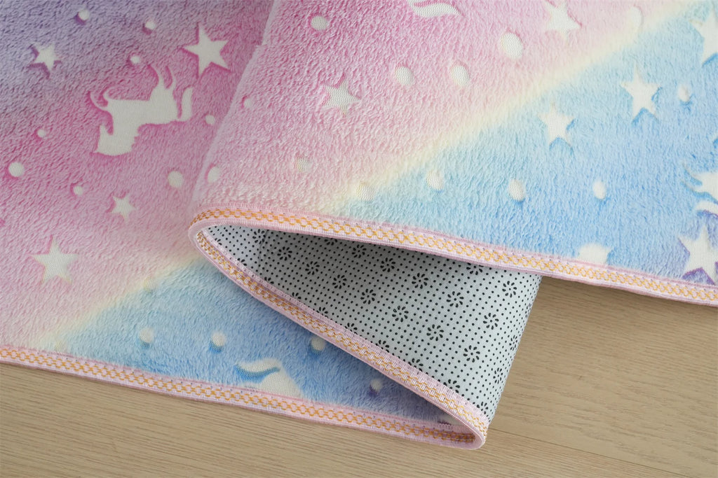 Rainbow Unicorn Glow in the Dark Area Rug – Large Kids Room Carpet with Stars
