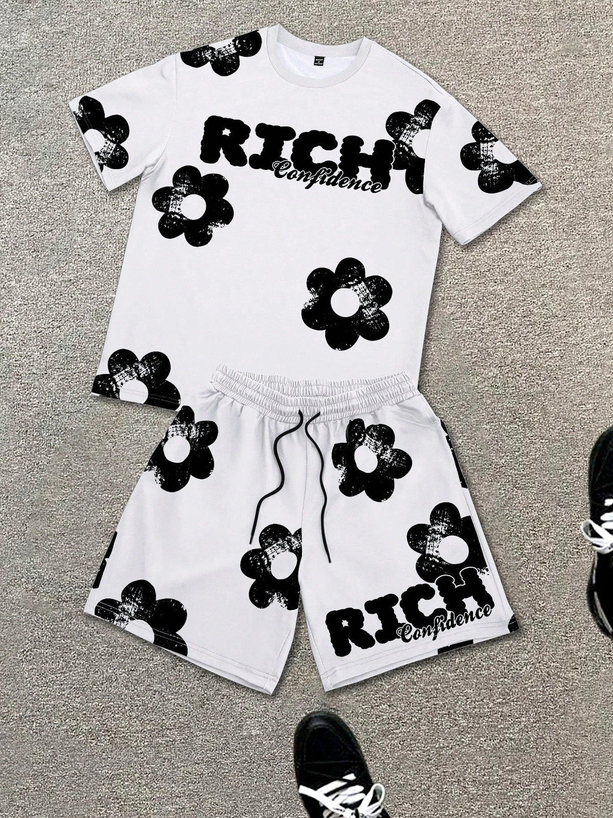 Men's Flower Graphic Print T-Shirt & Elastic Waist Shorts Casual Two-Piece Set