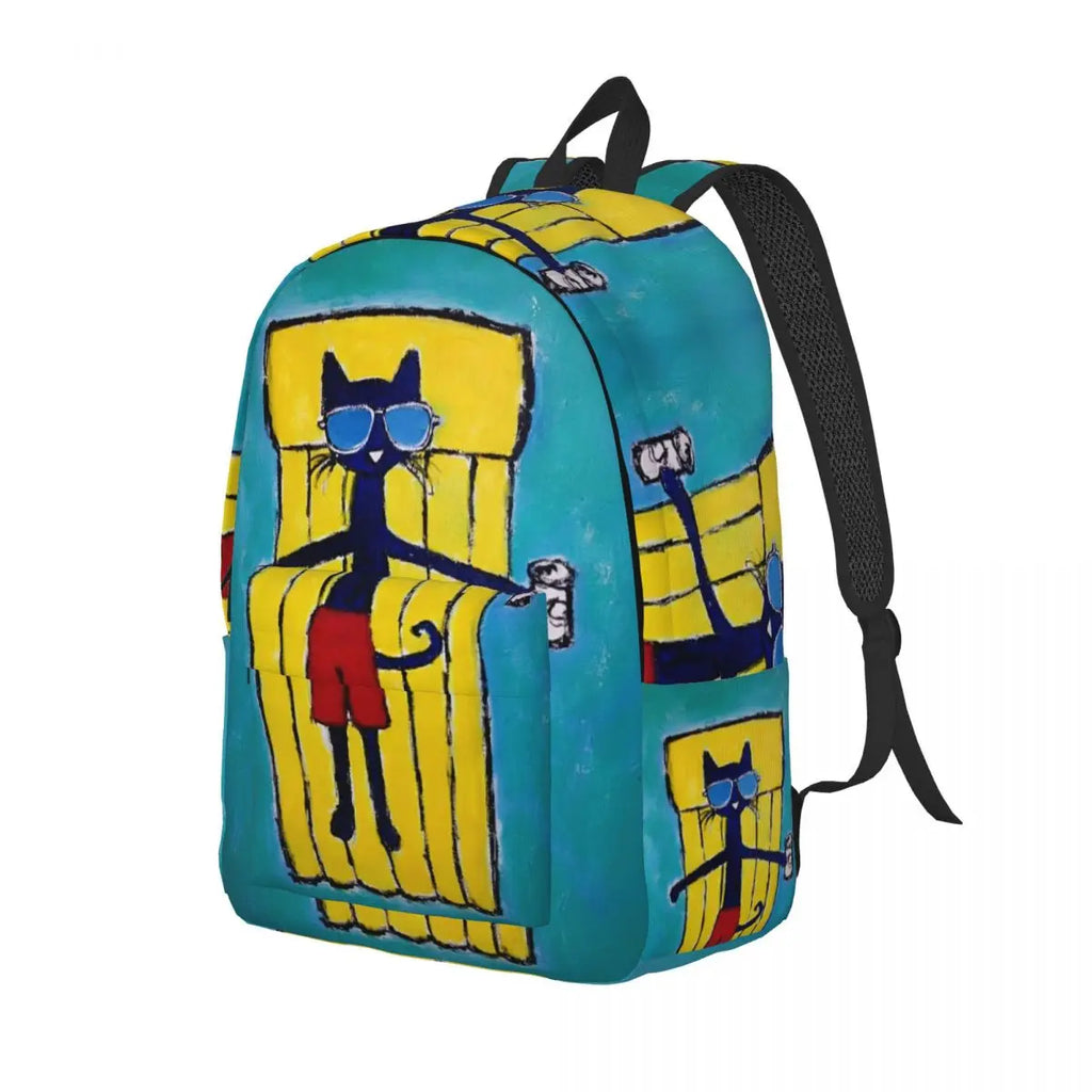 Colorful backpack with a cat design on a white background