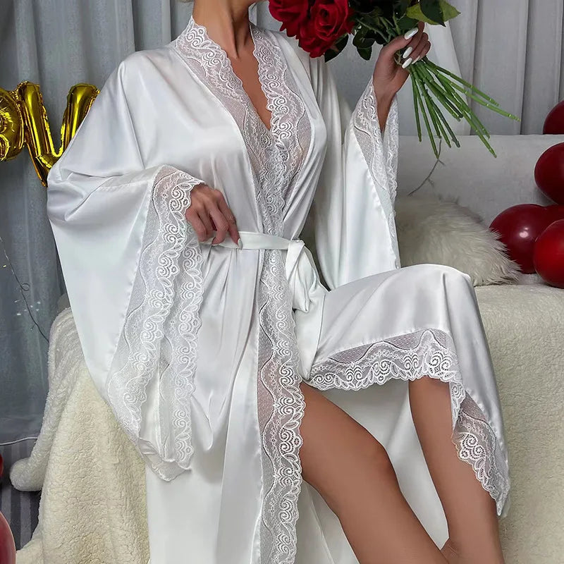 Women's Lace Patchwork Kimono Robe | Flare Sleeve Bridal Wedding Loungewear