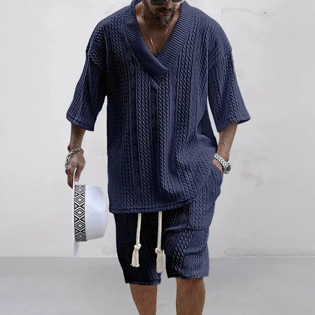 Men's Knitted V-Neck T-Shirt & Shorts Set – Casual Streetwear 2-Piece Outfit