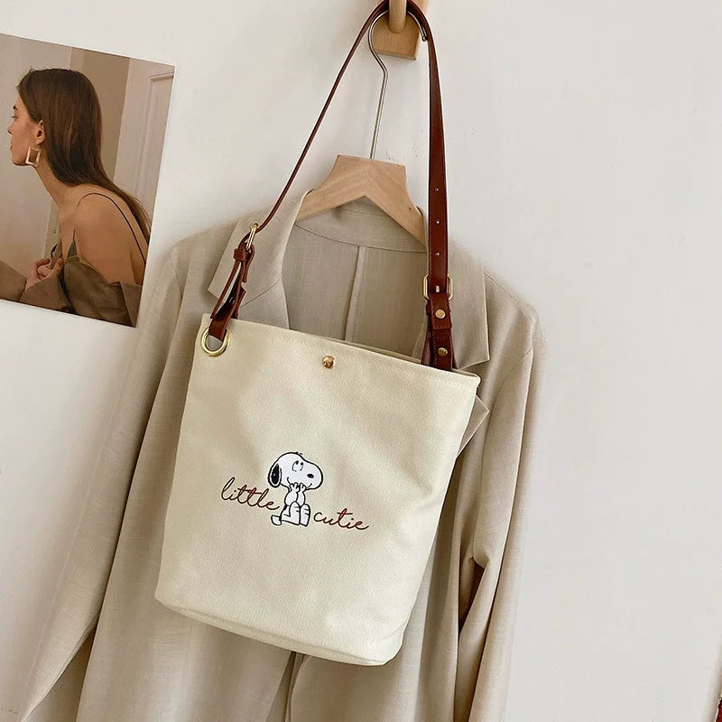 Snoopy Canvas Bucket Bag – Cute Letter Print Crossbody Shoulder Bag for Women