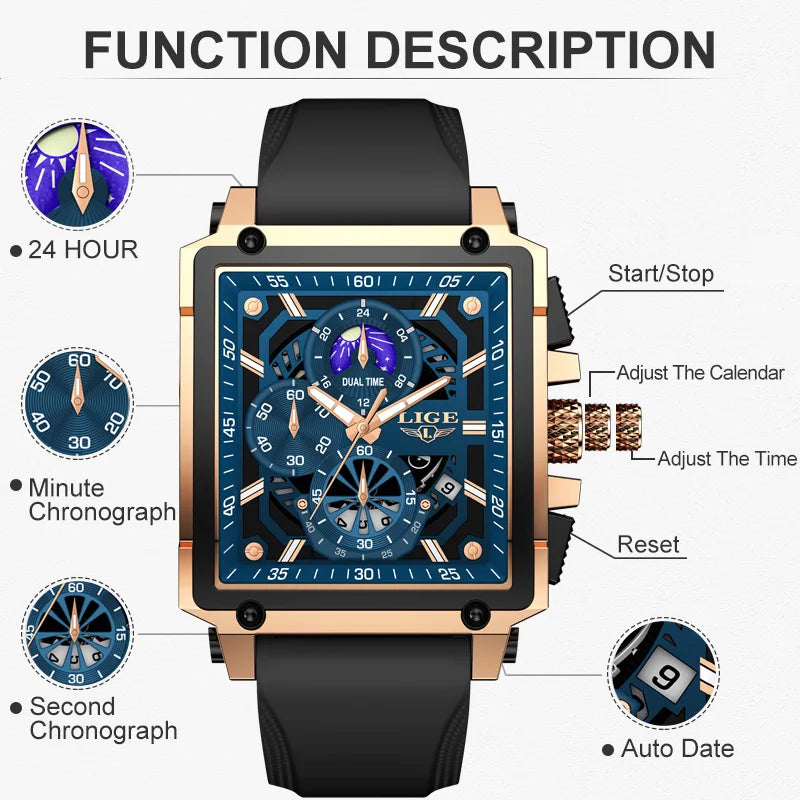 LIGE Men's Hollow Square Sport Watch | Fashion Silicone Strap Waterproof Quartz Wristwatch with Box