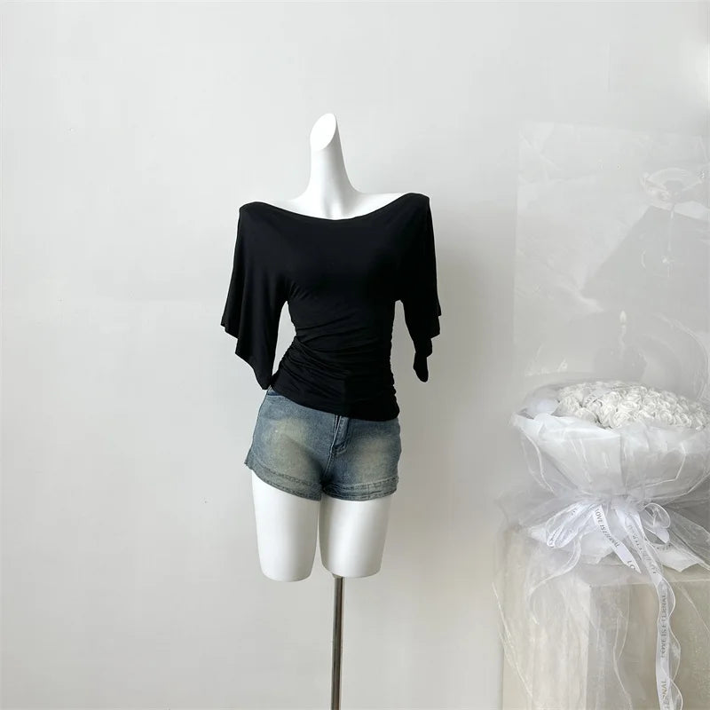 Women's Slash Neck Flare Sleeve Slim Pleated T-Shirt – Sexy Solid Color Pullover Top