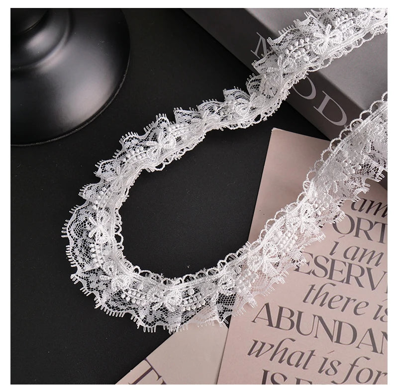 White Lace Ribbon Bow Trim — Embroidered Edge for Dresses, Bridal & DIY Crafts