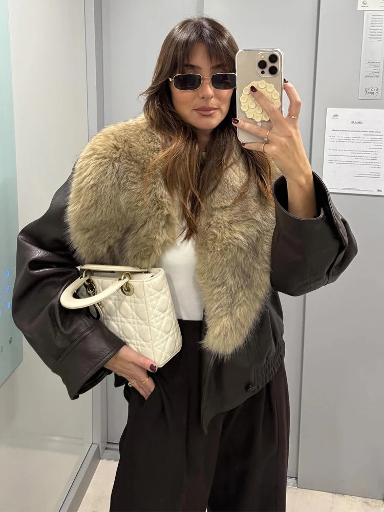 Women's Double-Breasted Faux Fur Collar Leather Bomber Jacket – Loose Warm Streetwear Coat