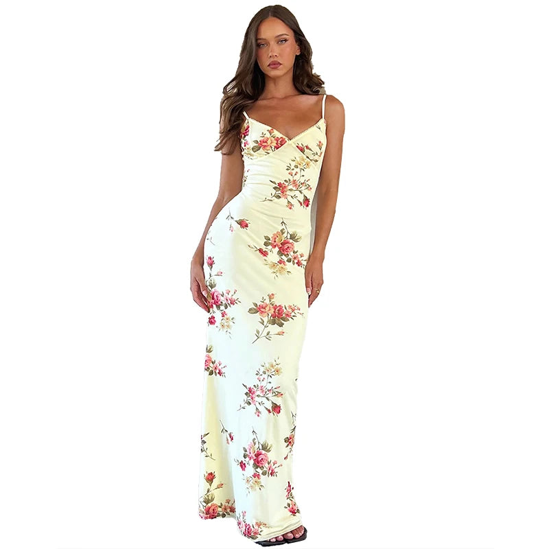 Sexy Y2K Floral Print Sleeveless Backless Bodycon Maxi Dress – Club Birthday & Party Dress