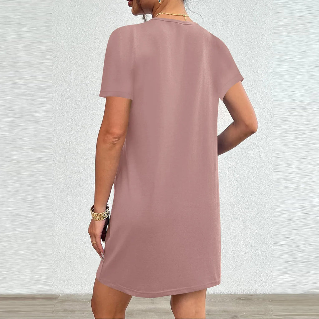 Solid Color Pocket Casual Sports Dress — Short Sleeve O-Neck A-Line Knee-Length Dress