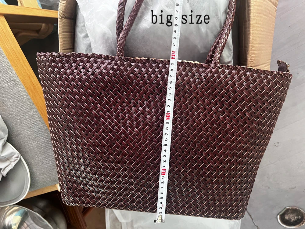 Handmade Woven Cowhide Leather Bucket Tote Bag – Romantic Beach Shoulder Handbag for Women