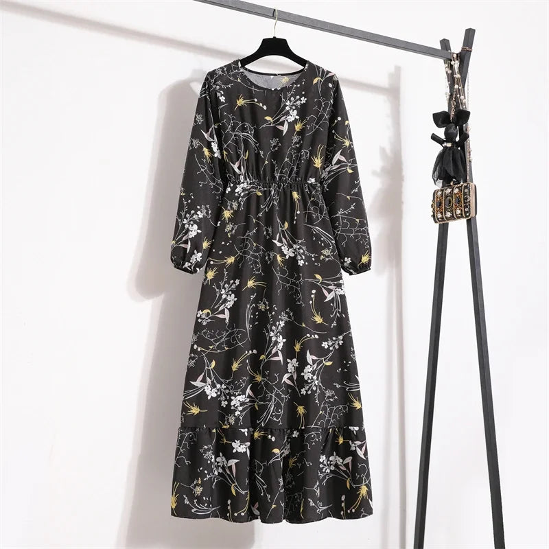 Full Sleeve Floral Geometry Print Boho Beach Party Dress — O-Neck Casual Maxi Dress