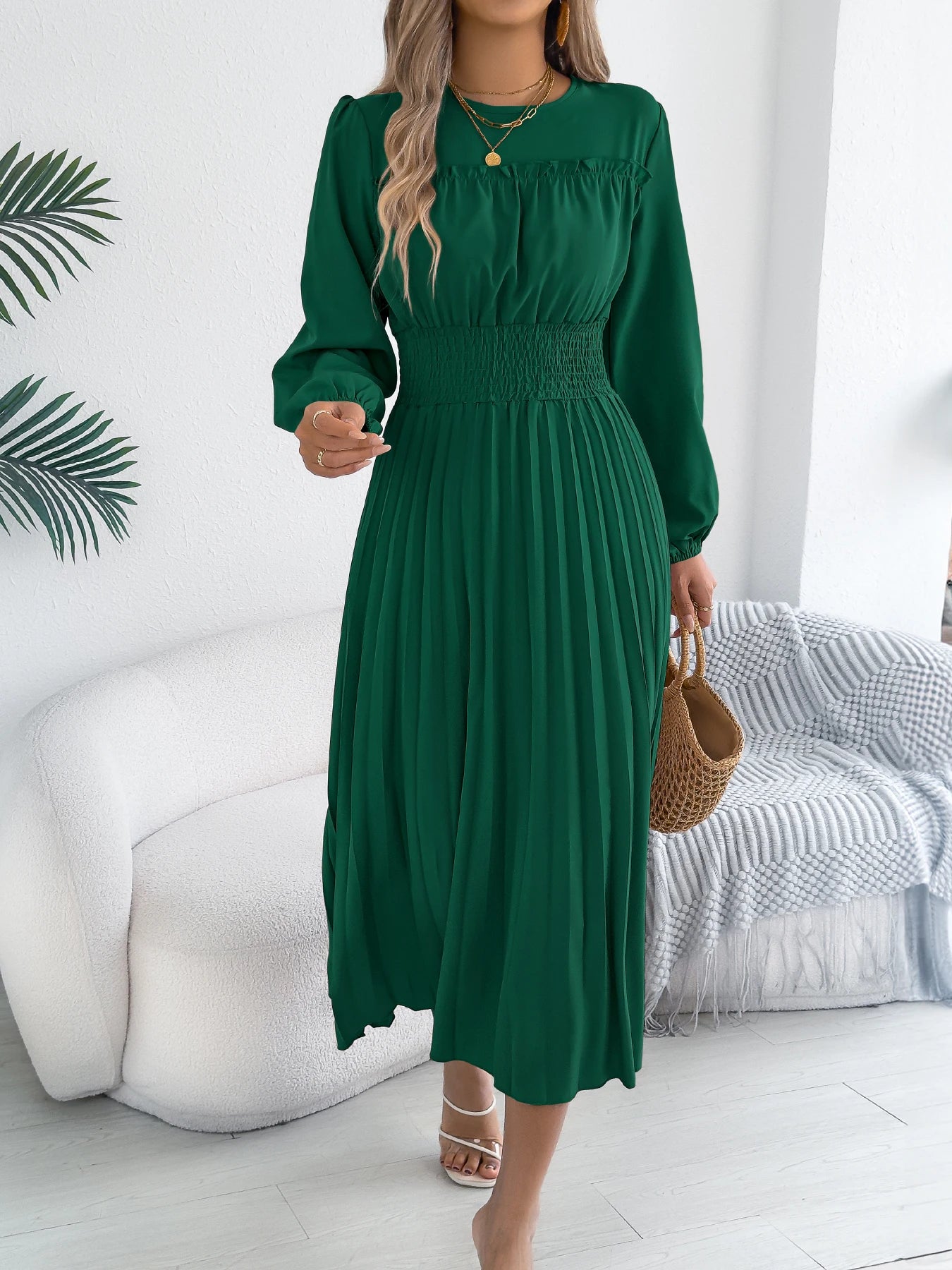 Elegant Dresses Women 2026 Autumn Winter Casual Solid Color High Waist Long Sleeve Maxi Dress Khaki Green Blue Woman Clothing