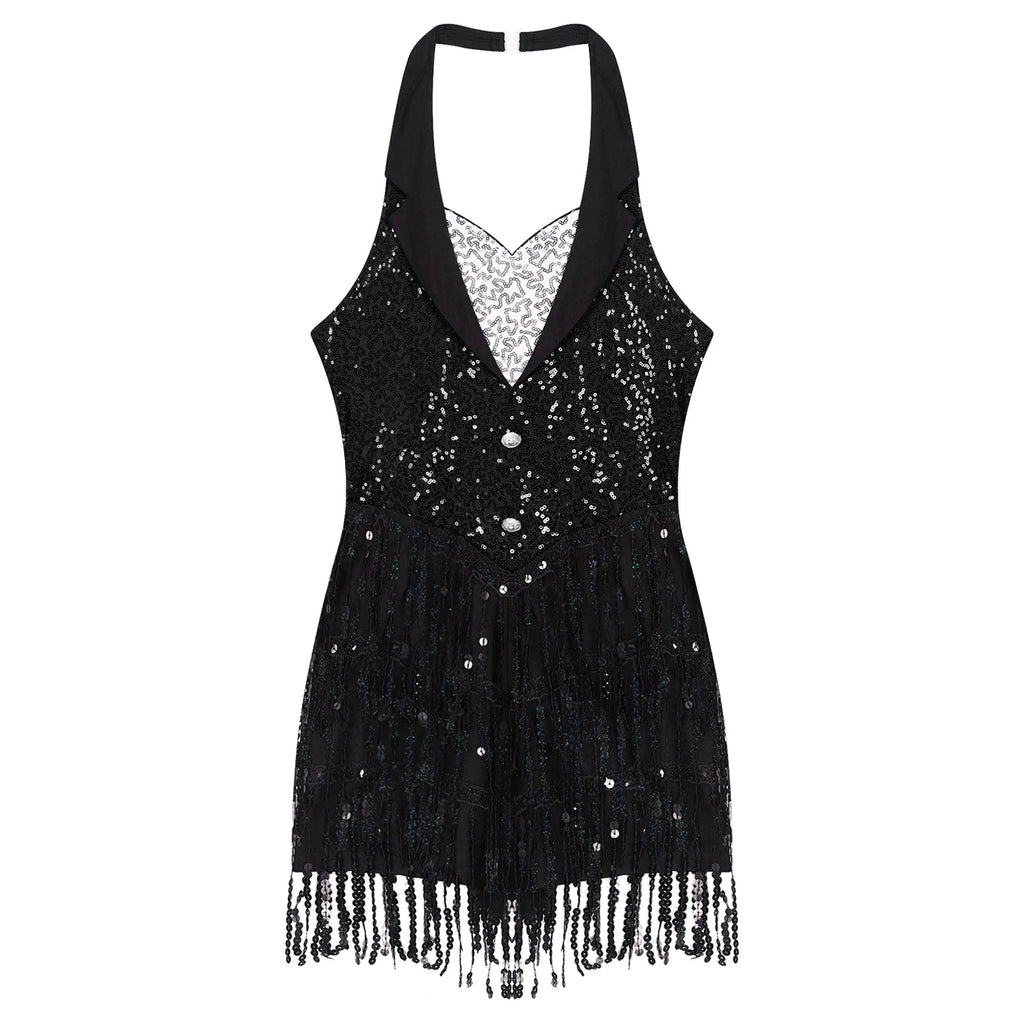 Women's Sequin Dance Dress – Shiny Sleeveless Latin Jazz Tango Salsa Leotard Bodysuit Outfit