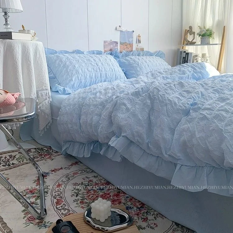 Girls Blue Seersucker Ruffle Bedding Set – Kawaii Soft Duvet Cover with Pillow Cases