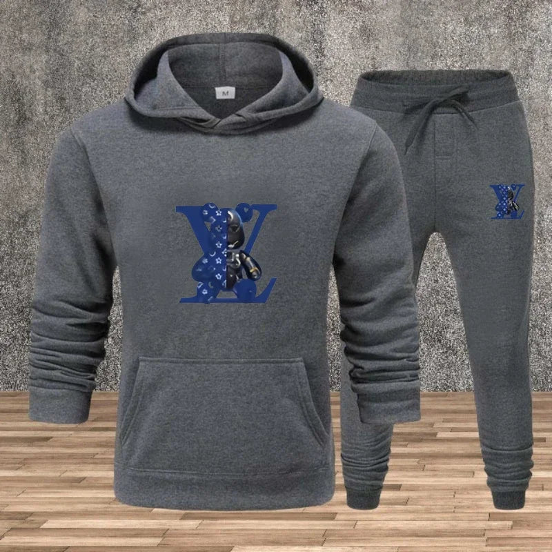 Men's Printed Hoodie Sweatshirt Set – 2-Piece Fleece Jogging Tracksuit