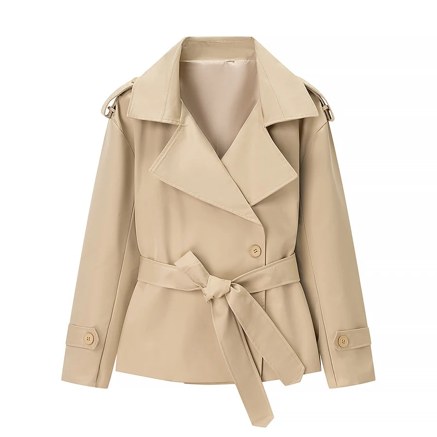 Women's Lace-Up Cropped Trench Coat – Wide Shoulder Windbreaker Jacket