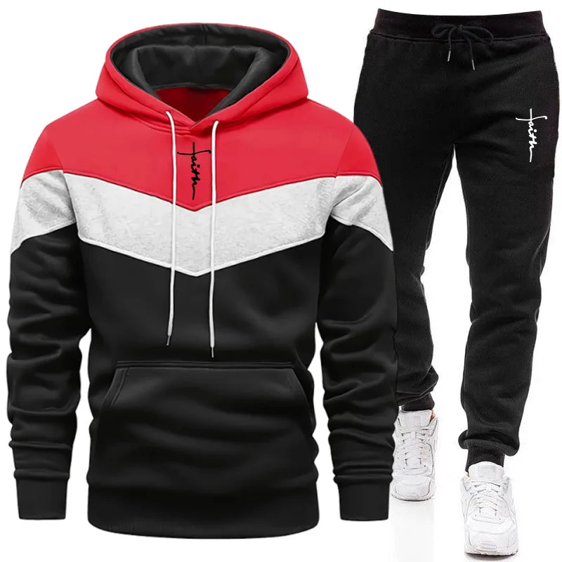 Men's Tricolor Hoodie & Sweatpants Tracksuit – Autumn Winter Casual Sport Set