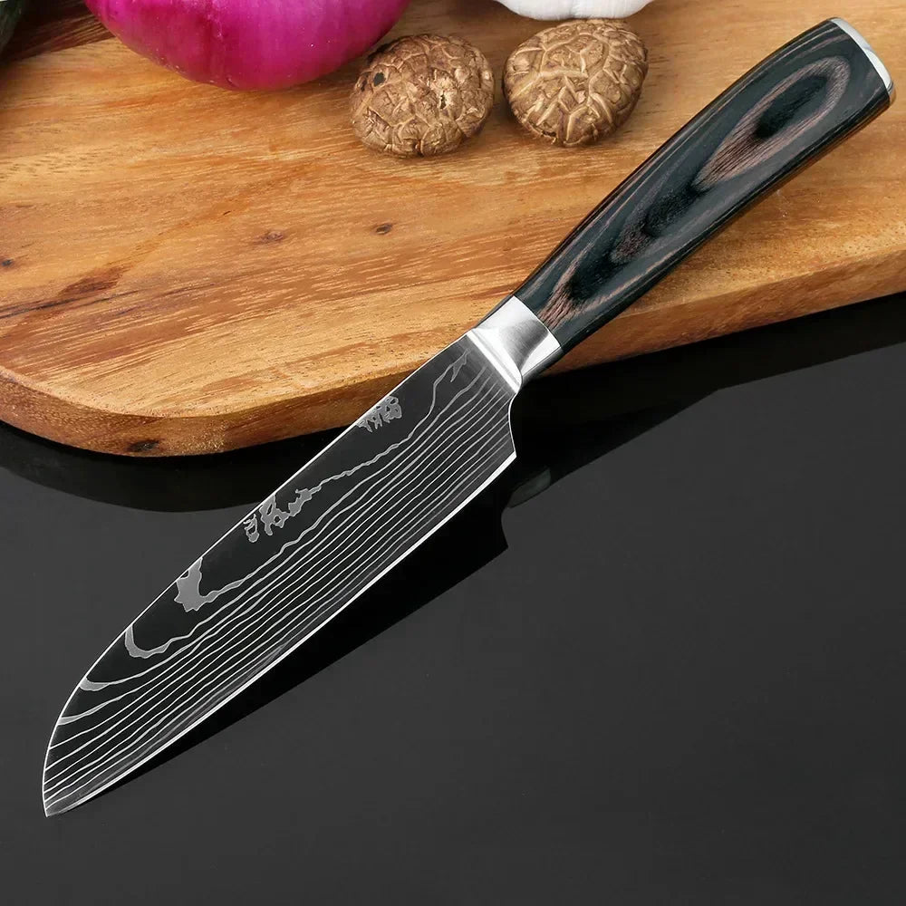 Damascus Kitchen Knife Set — Japanese Santoku, Cleaver, Slicing & Boning Knives