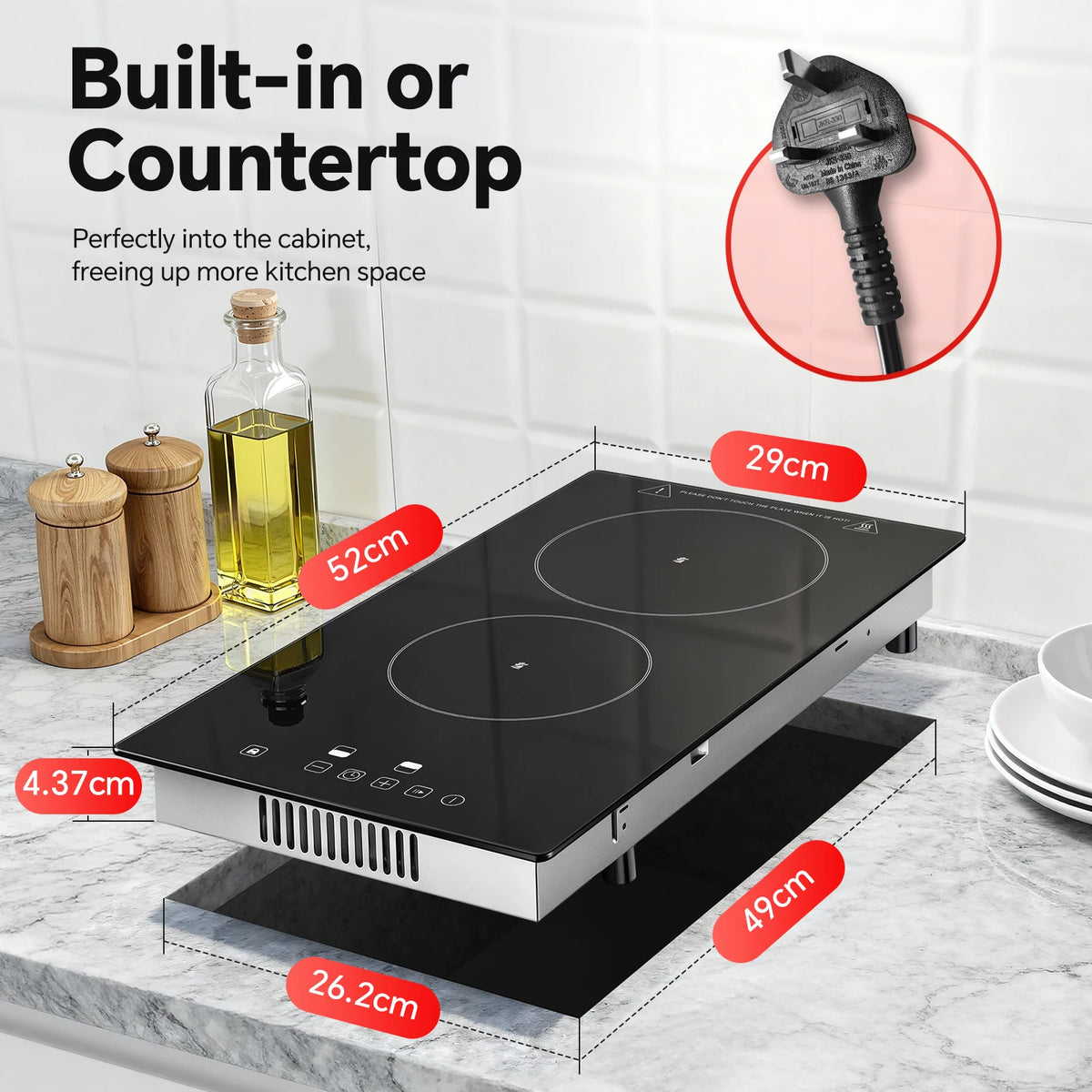 2-Zone Ceramic Hob – 3000W, Child Lock, 9 Heat Levels, 1-99 Min Timer, 60cm Black Glass (CE Certified)