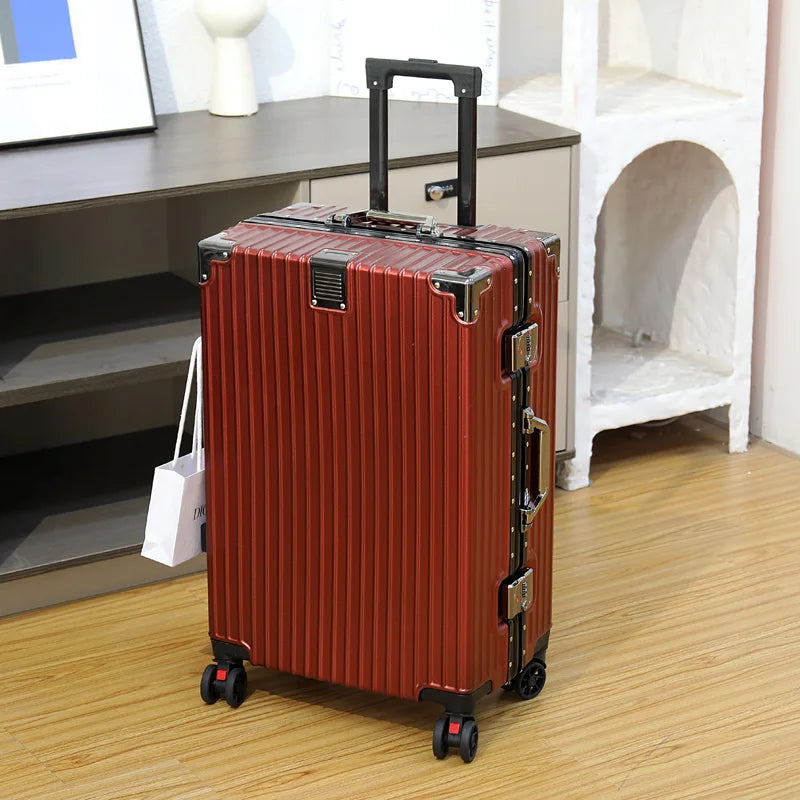 Aluminum Frame Leather Trolley Case — 20"/24"/26"/28" Universal Wheels