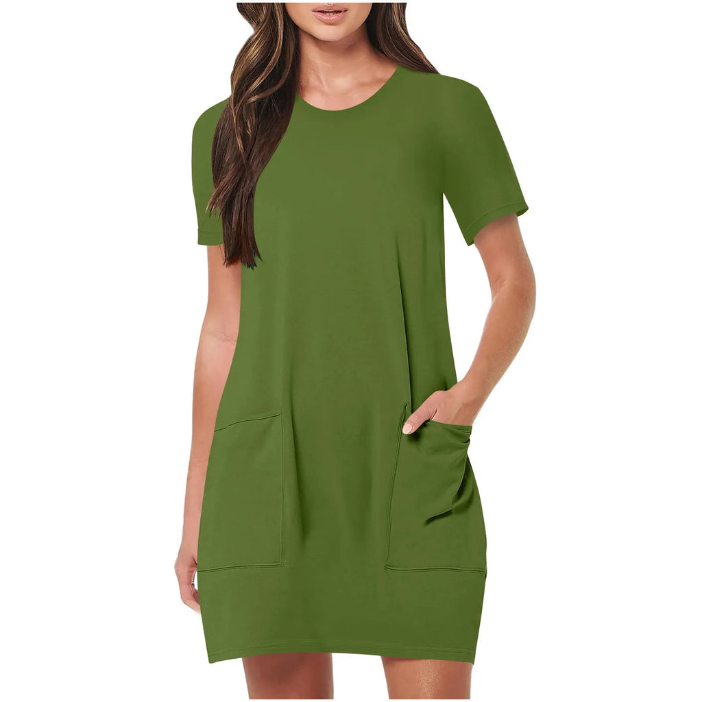 Solid Color Pocket Casual Sports Dress — Short Sleeve O-Neck A-Line Knee-Length Dress