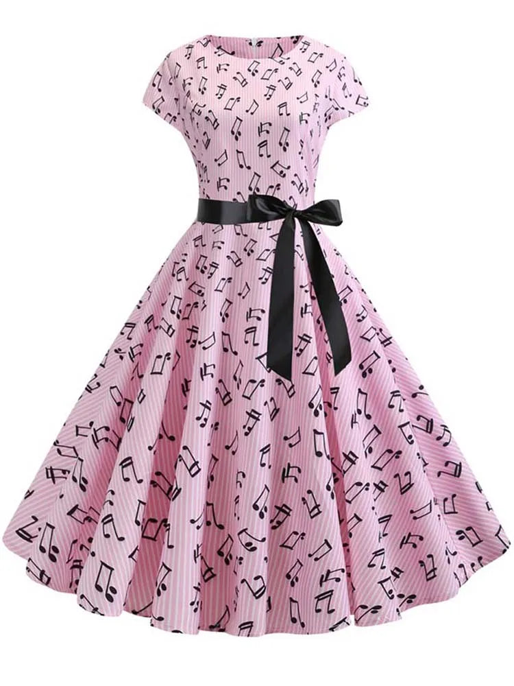 50s 60s Retro Music Note Print Swing Vintage Dress — Casual Party Rockabilly Dress